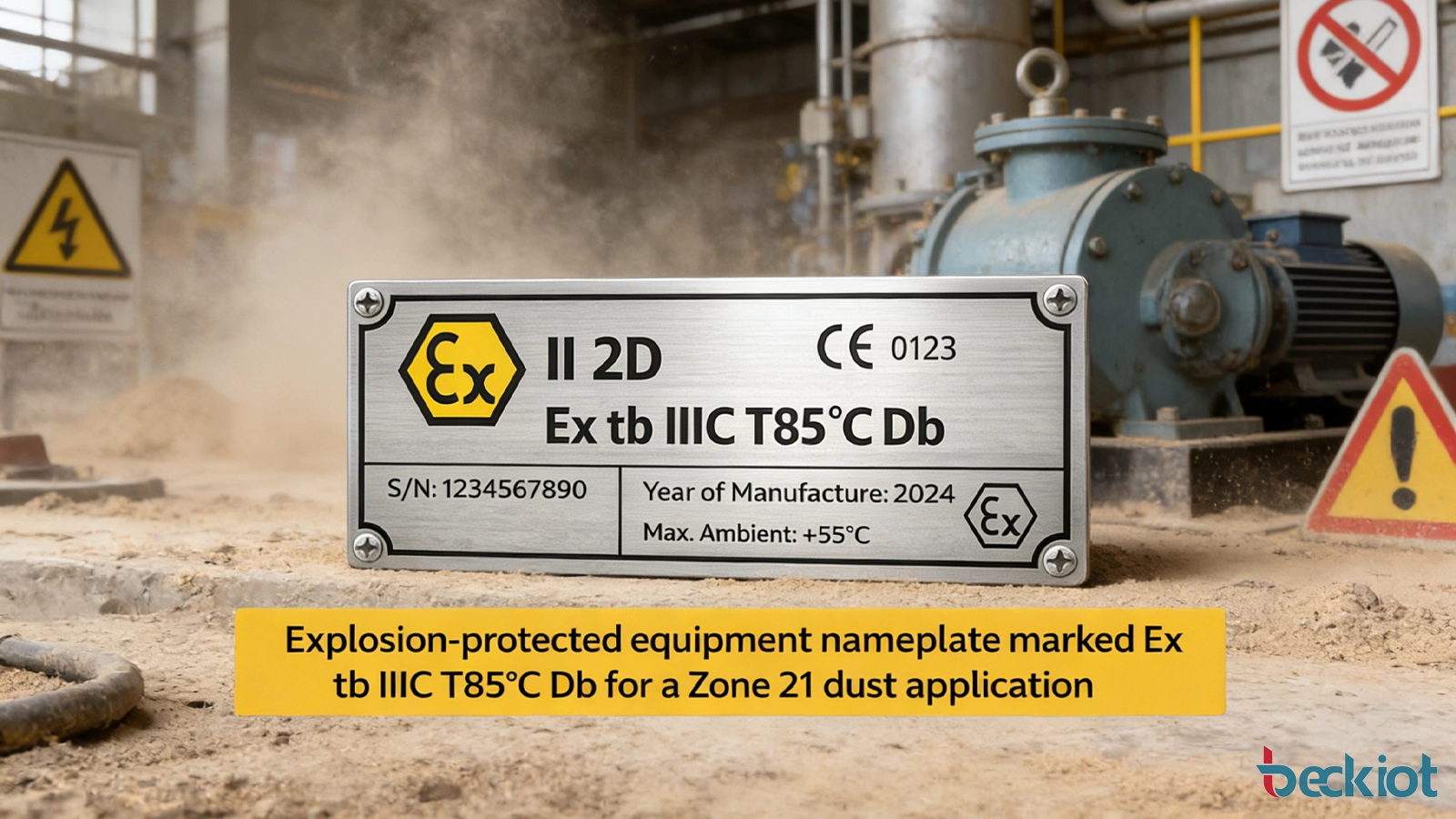 Ilustração de uma placa de identificação de equipamento protegido contra explosões marcada Ex tb IIIC T85°C Db para uma aplicação de poeira Zona 21.