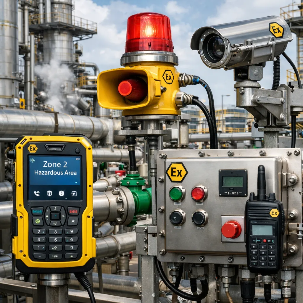 Equipamentos de comunicação e elétricos para áreas perigosas implantados em um ambiente de processamento de petróleo, gás ou químico em Zona 2 com exposição externa e tubulação de processo
