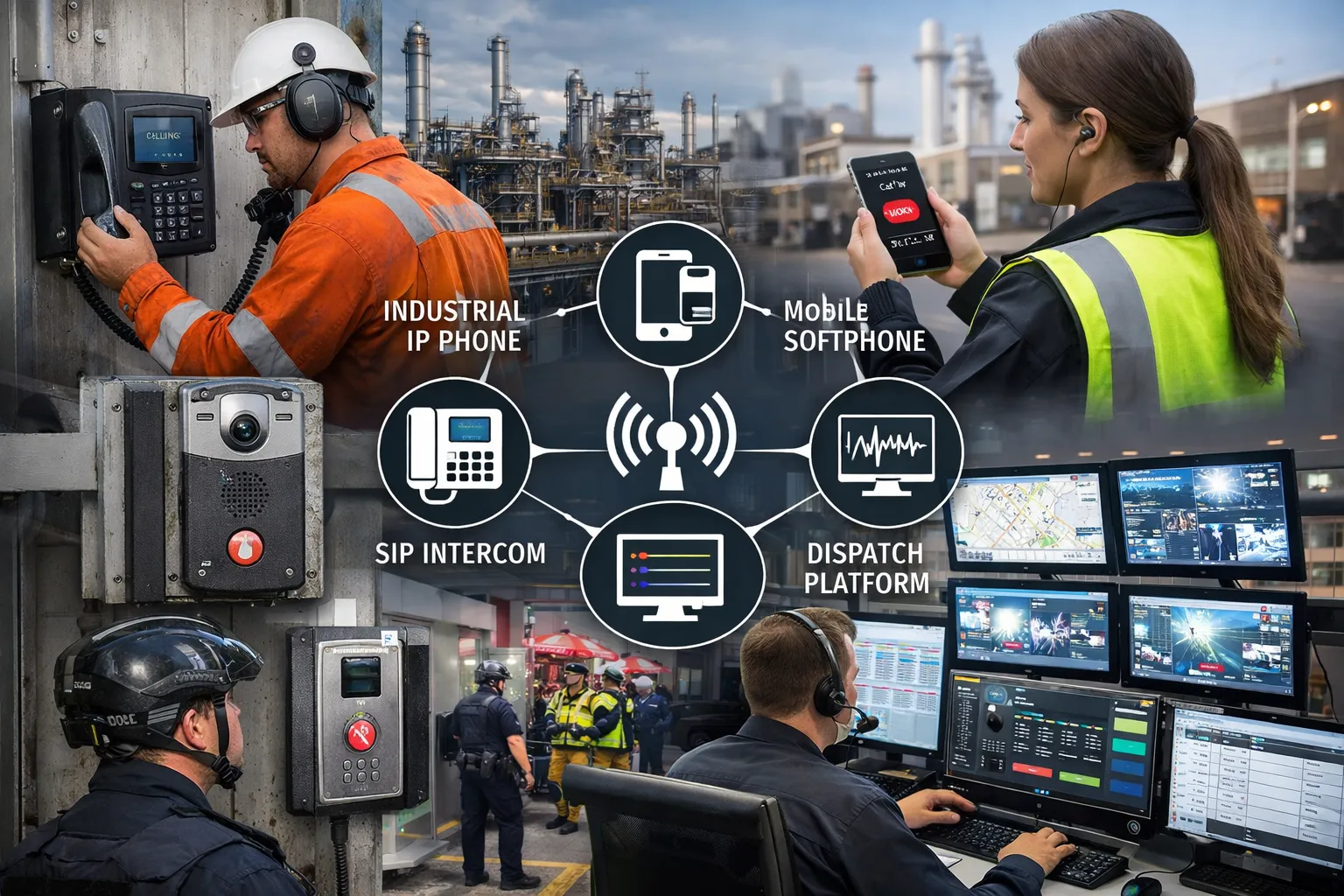 Comunicação de campo de missão crítica com telefones IP industriais, softphones móveis, terminais de interfone SIP e integração de plataforma de despacho em operações industriais e públicas
