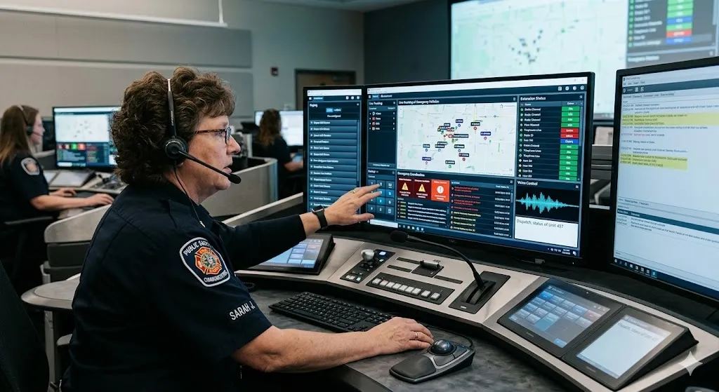 Console de despacho multifuncional com status de ramal em tempo real, controle de voz, paging e interface de coordenação de emergência para comunicação de missão crítica
