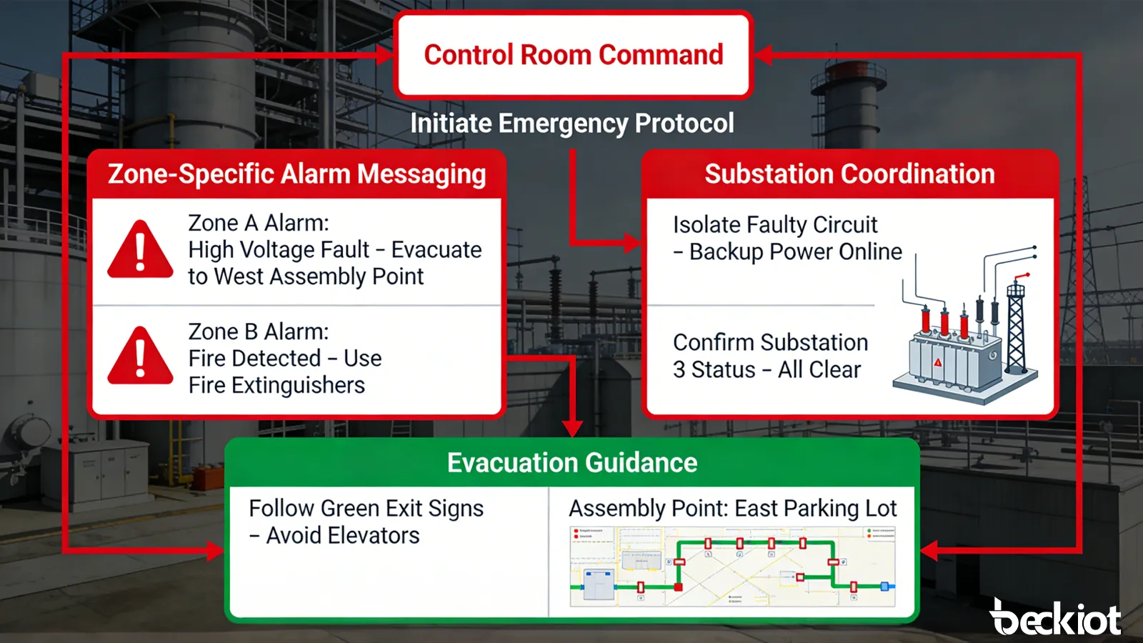 Resposta de transmissão de emergência em usina elétrica com comando da sala de controle, mensagens de alarme específicas por zona, coordenação de subestação e orientação de evacuação