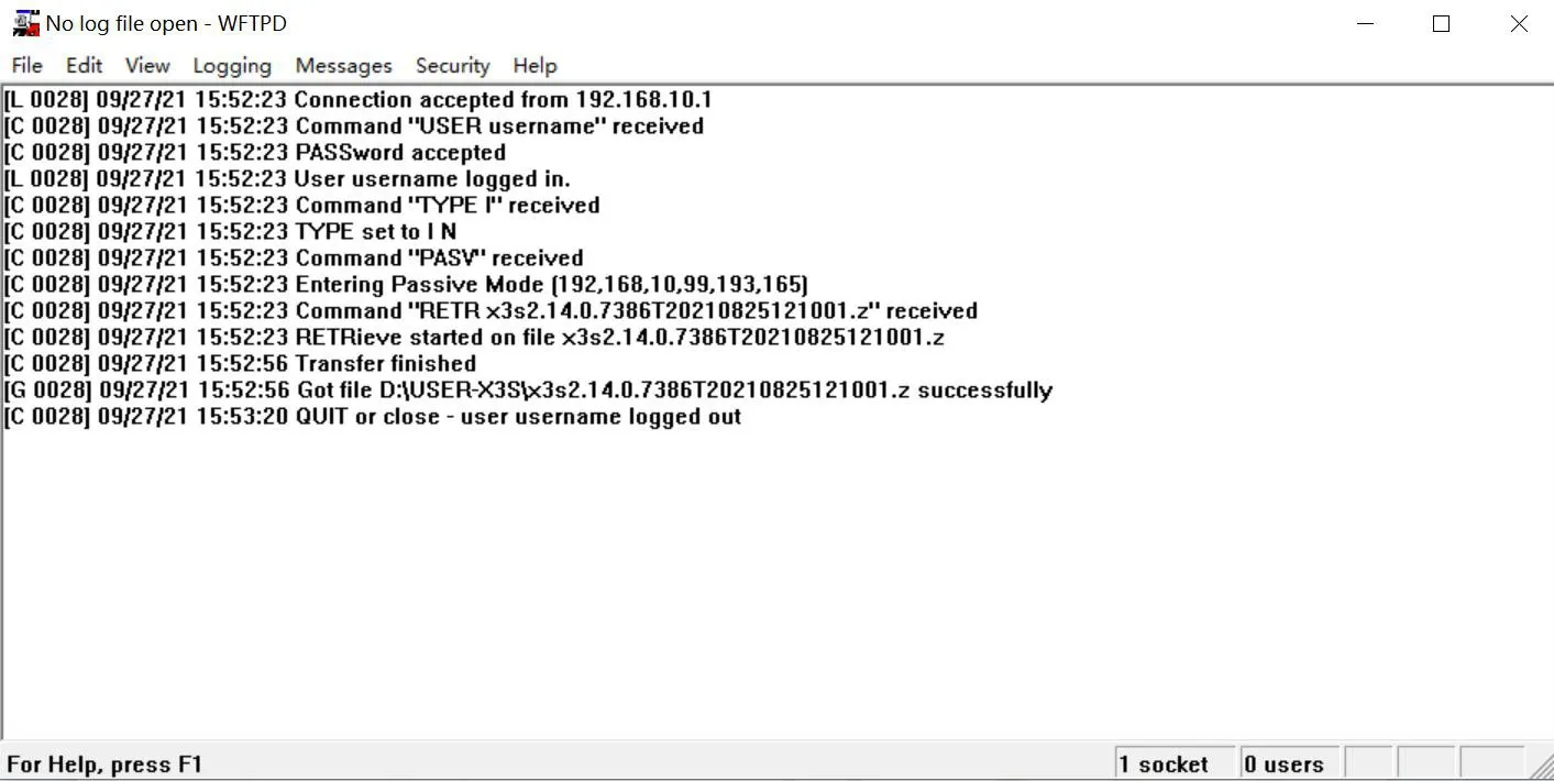 A janela do servidor FTP exibe as informações de download