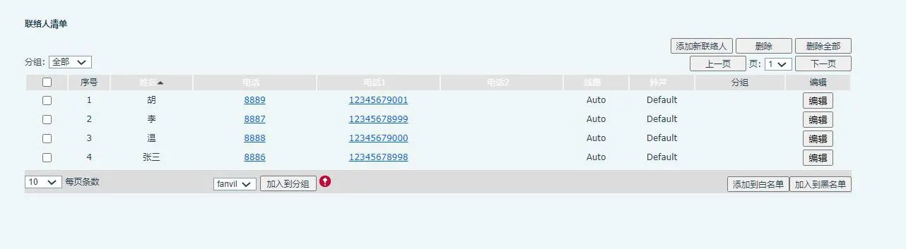 Lista de contatos importada exibida na interface web do telefone
