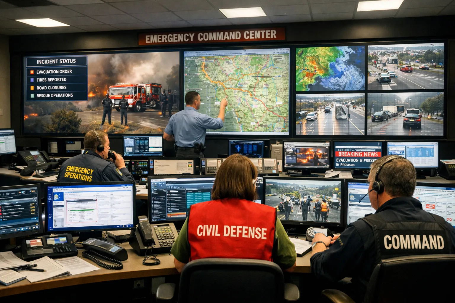 Centro de comando de emergência governamental com consoles de despacho, telas de comunicação e operações coordenadas de defesa civil