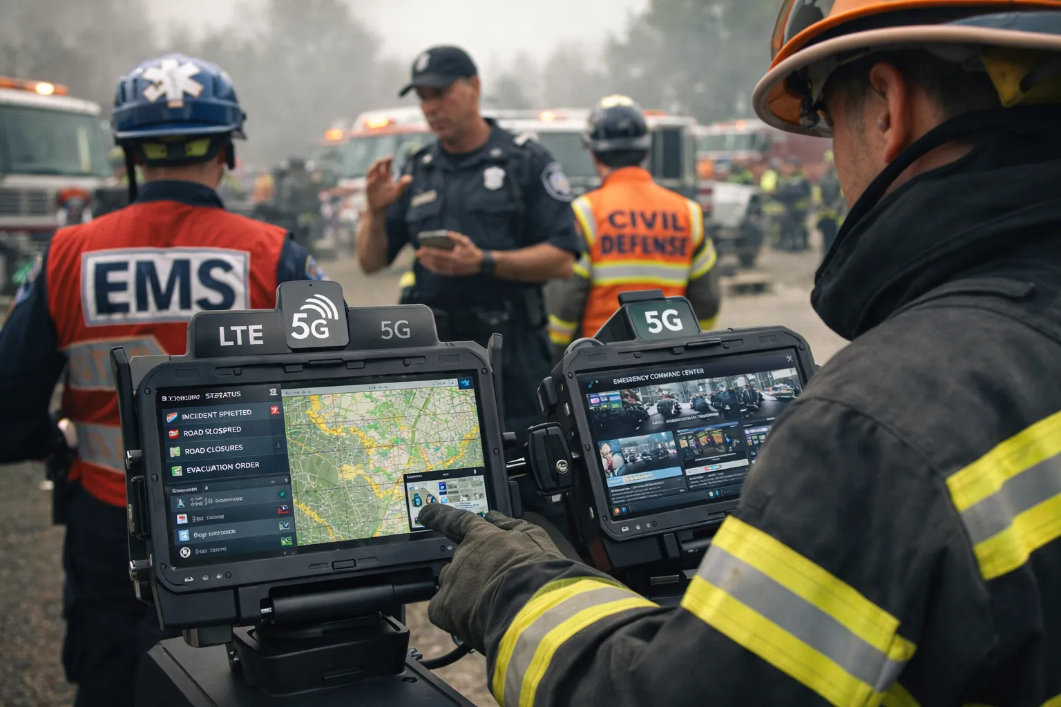 Respondentes de emergência em campo usando terminais de comunicação conectados por LTE e 5G com suporte à coordenação de comando