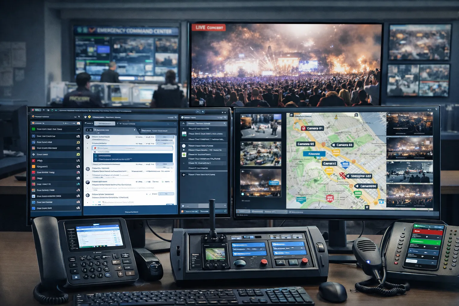 Plataforma integrada de comunicação de emergência para um centro de comando de grandes eventos com console de despacho, telefones, integração de rádio e coordenação por vídeo