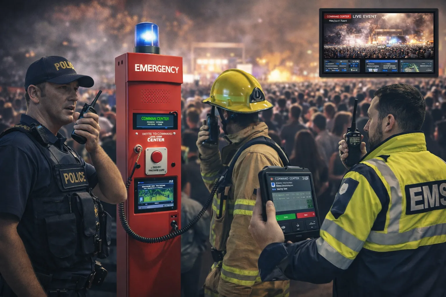Equipes de operações de campo em um grande evento usando rádios portáteis, estações de chamada de emergência e dispositivos de comunicação unificados ligados ao centro de comando