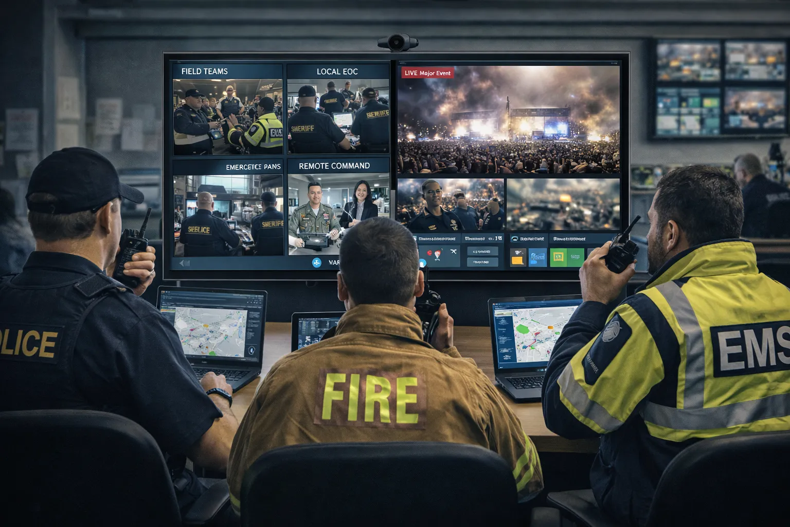 Equipe de comando de emergência de um grande evento usando um sistema de videoconferência para coordenação em tempo real com unidades de operação remotas e no local