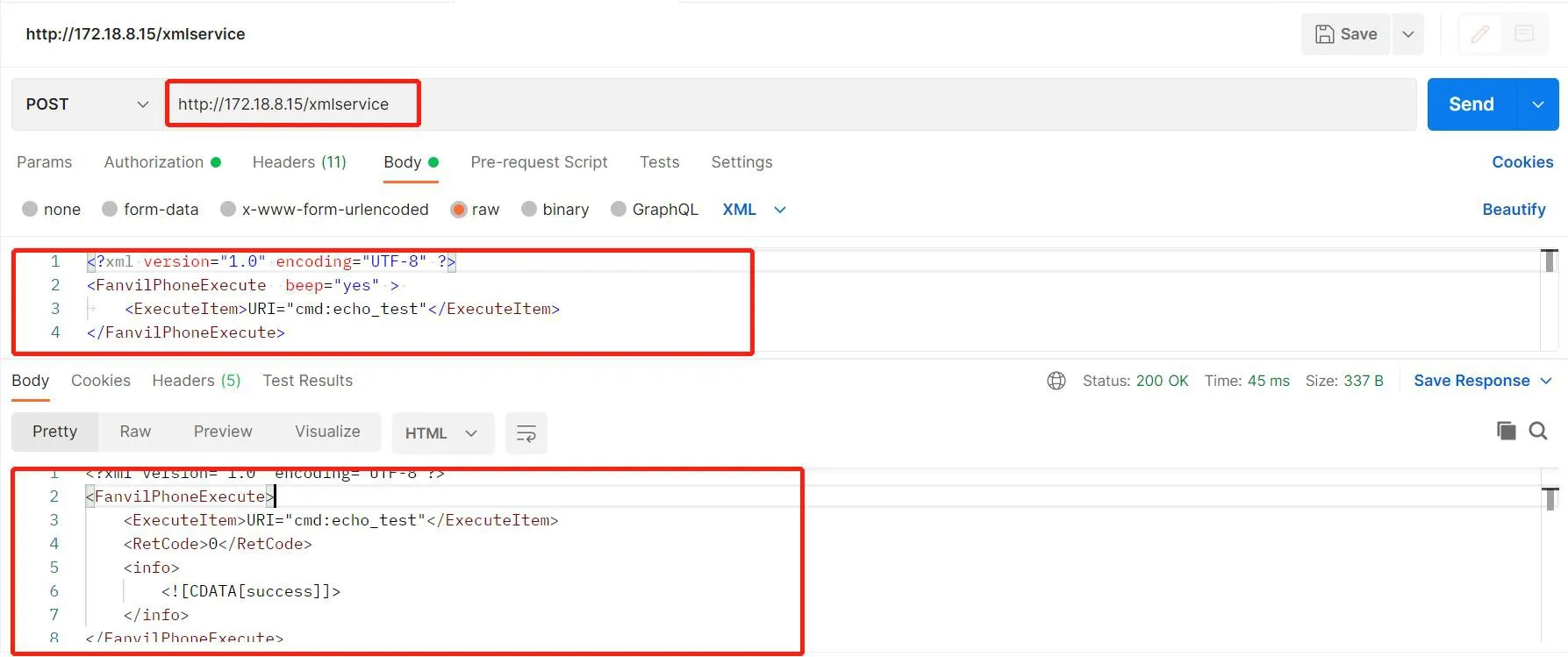 Sending a POST request to the device for echo self-test