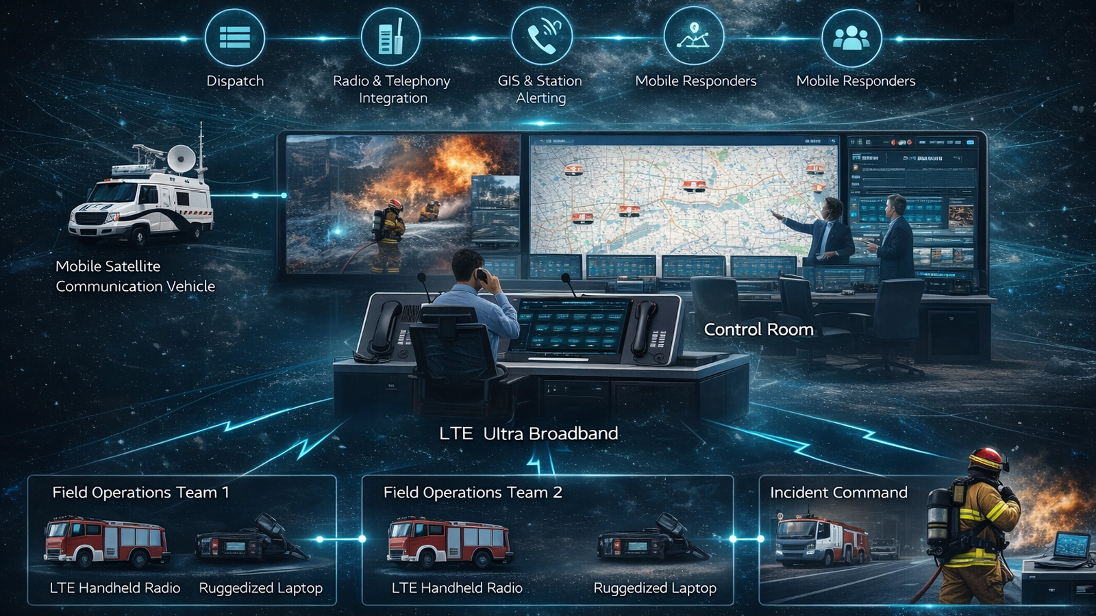 Arquitetura do sistema de comando e controle de bombeiros e resgate da Becke Telcom, mostrando postos de sala de controle, integração de rádio e telefonia, SIG, alerta de quartéis, respondentes móveis e suporte a comando de incidentes
