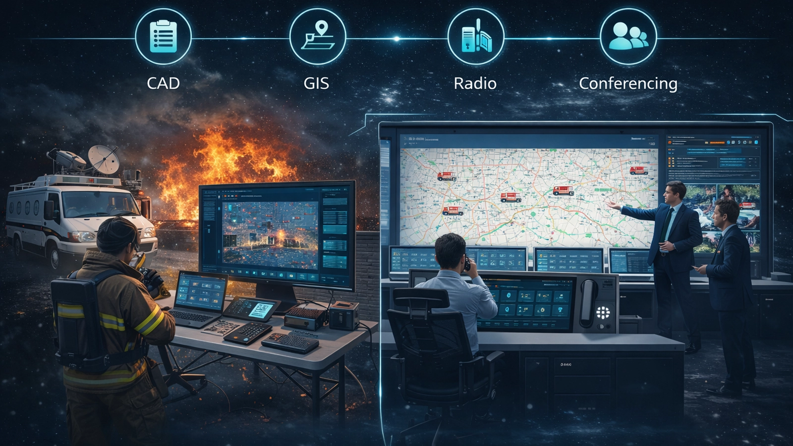Coordenação de posto de comando de incidente de bombeiros e resgate e centro de operações de emergência com CAD, SIG, rádio, conferências e consciência situacional compartilhada