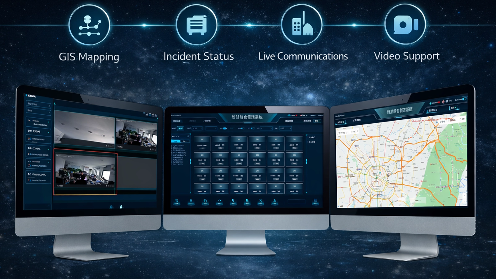 Sala de controle de bombeiros e resgate usando software da Becke Telcom com mapeamento SIG, status de incidentes, comunicações ao vivo e suporte a vídeo