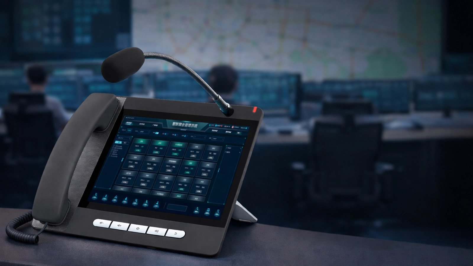 Visão geral funcional do Sistema de Despacho por Telefonia IP com filas de chamadas, ações avançadas de despacho, conferências, transmissões, vinculação a alarmes, pop-up de vídeo e integração com mapas
