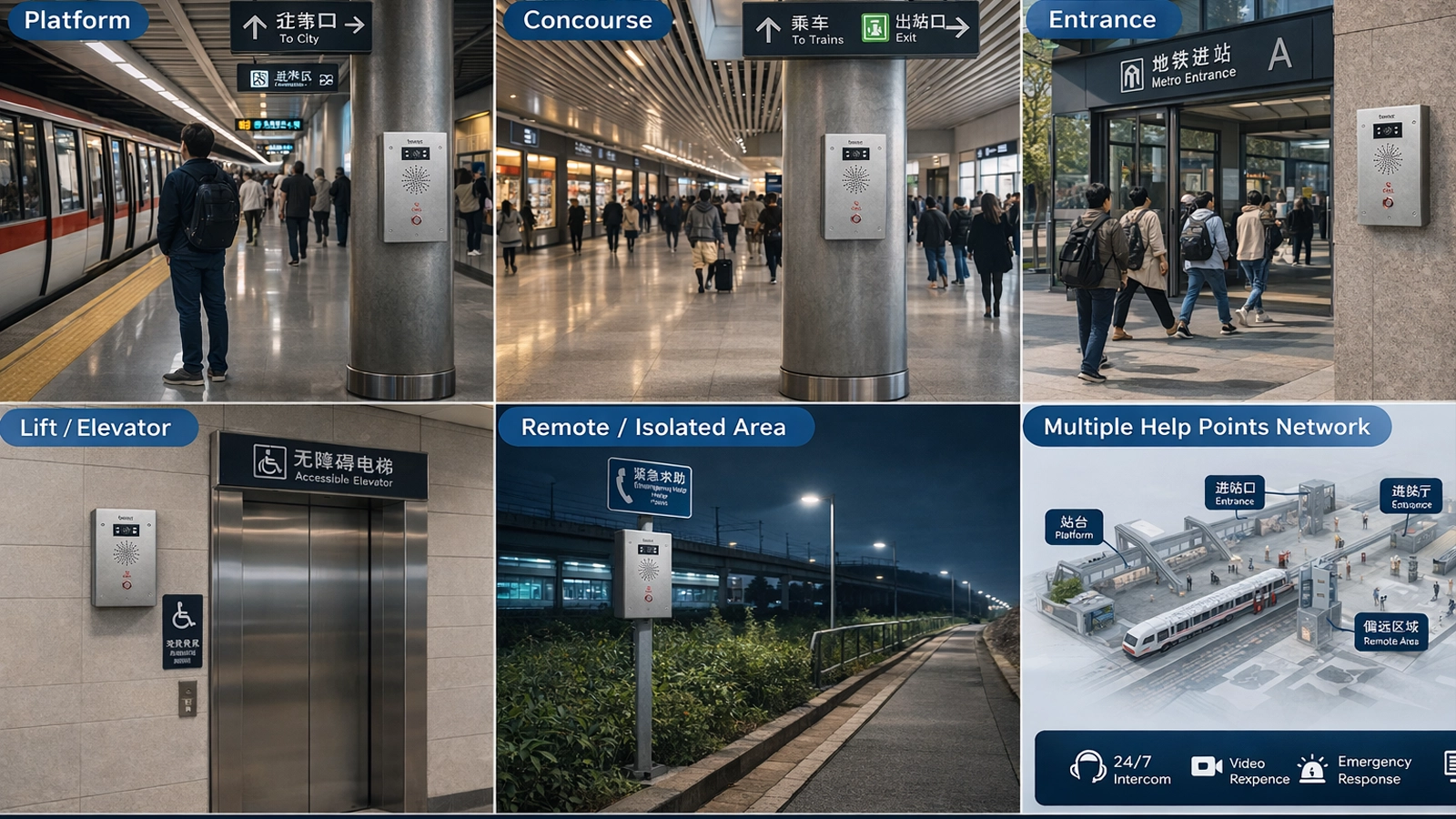 Implantação de pontos de ajuda ao passageiro em plataformas, saguões, entradas, elevadores e áreas remotas de estações ferroviárias e de metrô