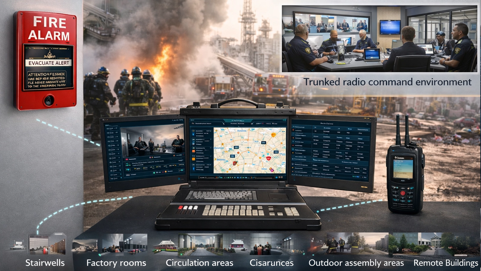Ambiente de comando integrado de alarme de incêndio, evacuação por voz, conferência de emergência e rádio troncalizado para resposta de emergência coordenada