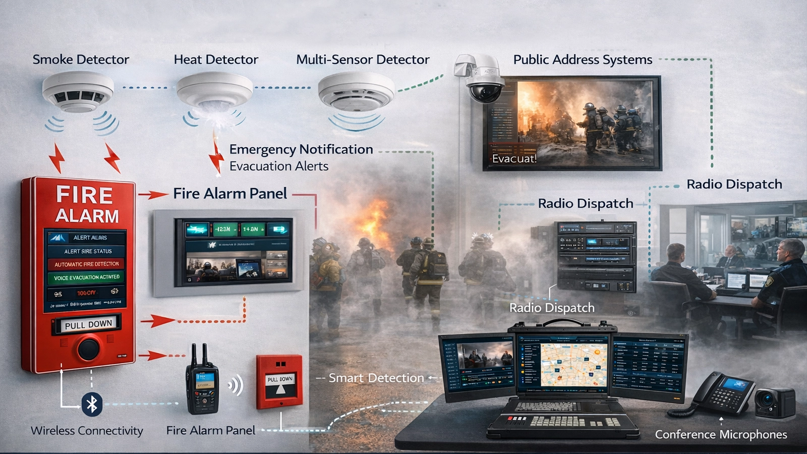 Arquitetura inteligente de alarme de incêndio e evacuação de emergência com detetores, painéis de alarme de incêndio, alarme por voz, som público, conferência de emergência, despacho por rádio e comando centralizado