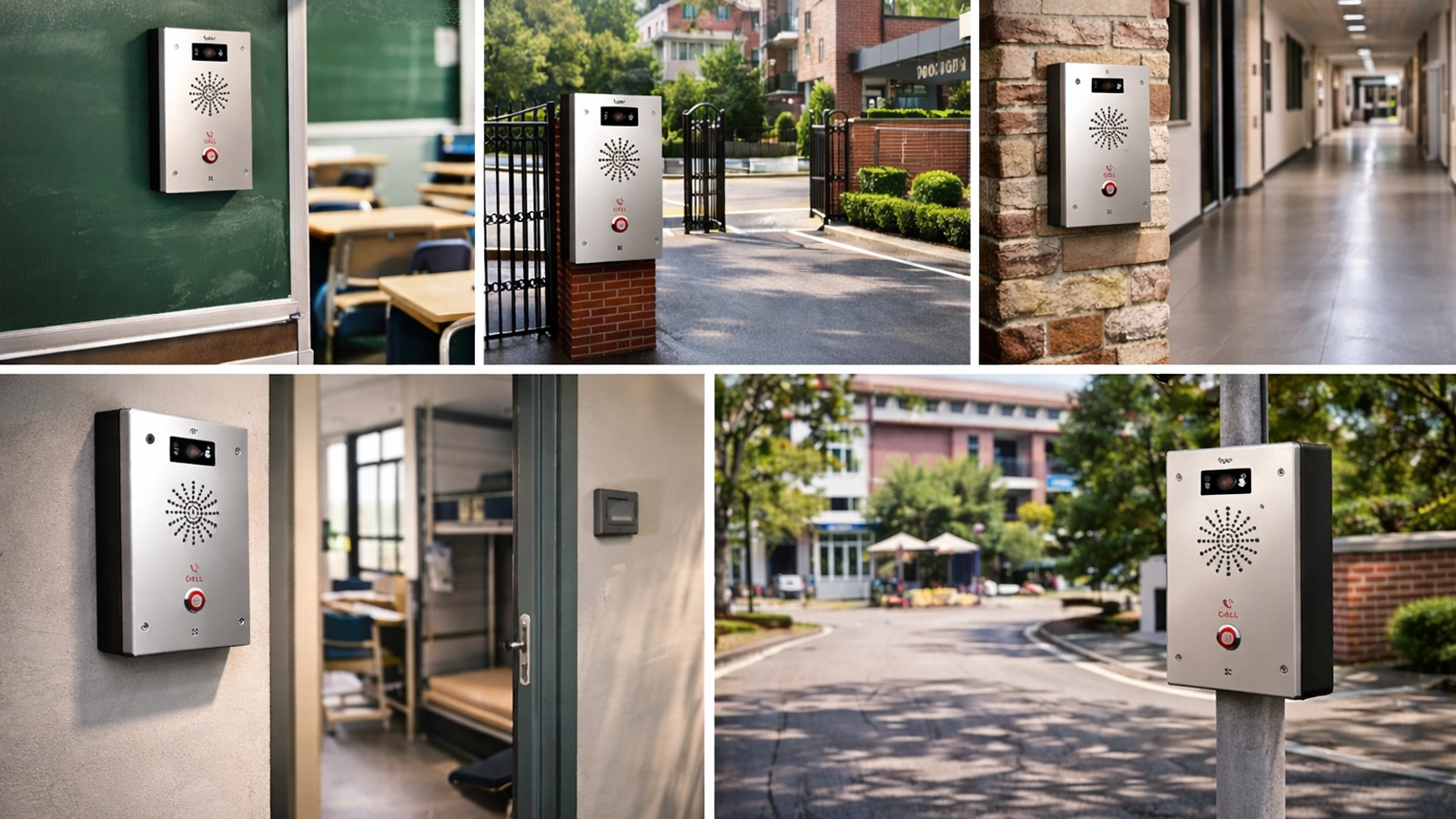 Implementação de comunicação de emergência escolar em salas de aula, portões, corredores, dormitórios e espaços públicos do campus com botões de pânico e suporte de intercomunicador