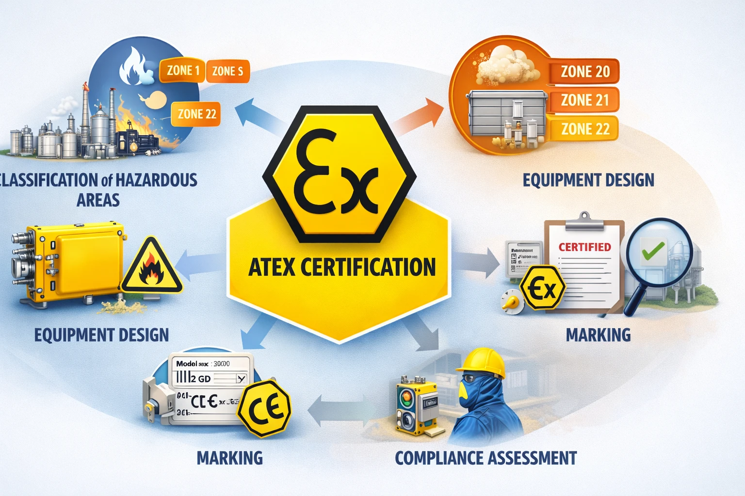 Cena composta mostrando equipamentos certificados ATEX usados em processamento petroquímico, manuseio de grãos, produção de pós farmacêuticos e instalações de hidrogênio ou materiais para baterias. Cena composta mostrando equipamentos certificados ATEX usados em processamento petroquímico, manuseio de grãos, produção de pós farmacêuticos e instalações de hidrogênio ou materiais para baterias.