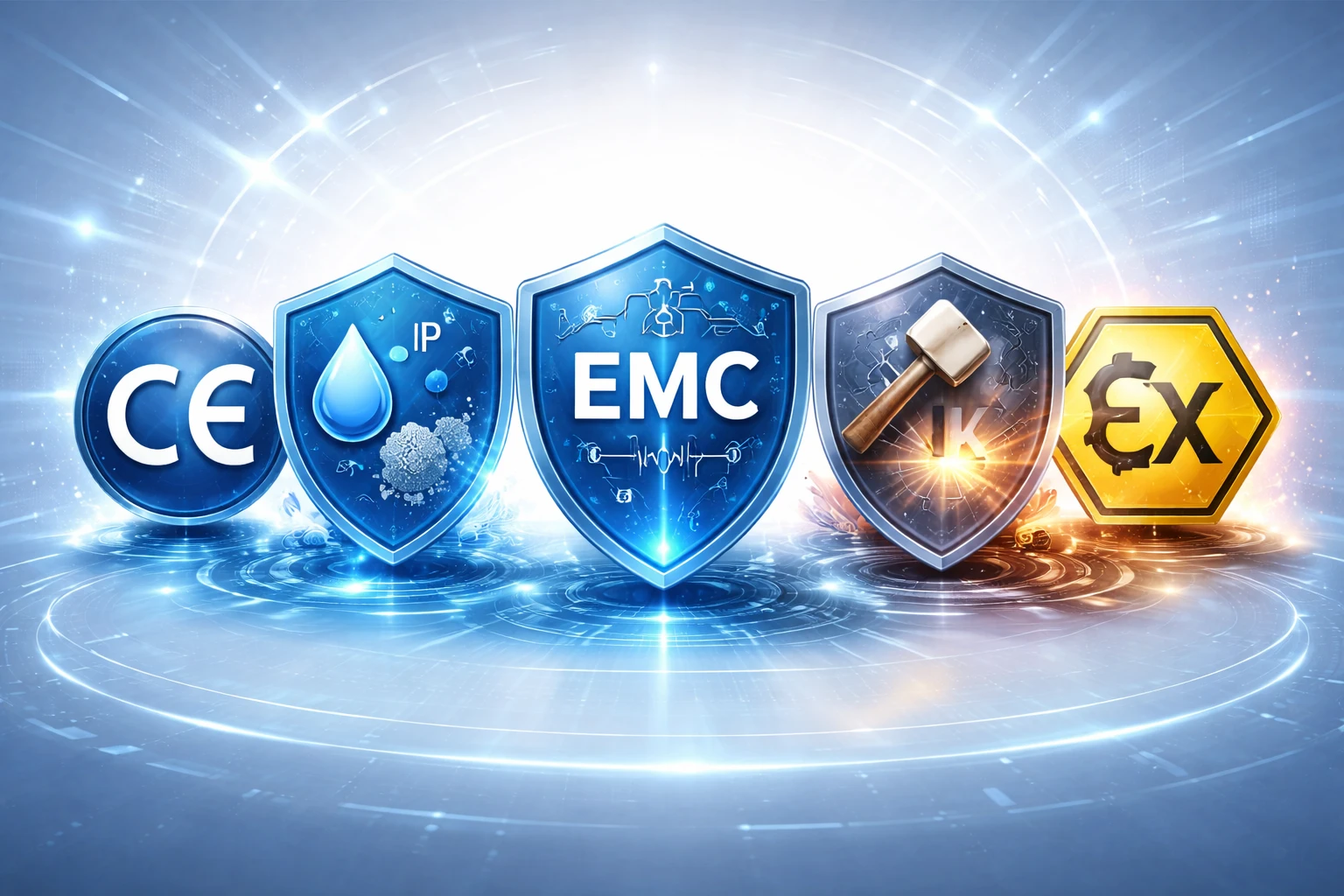 Exemplo de etiqueta de dispositivo industrial mostrando a marcação CE juntamente com a classificação IP, conformidade EMC e classificações ATEX ou específicas da aplicação