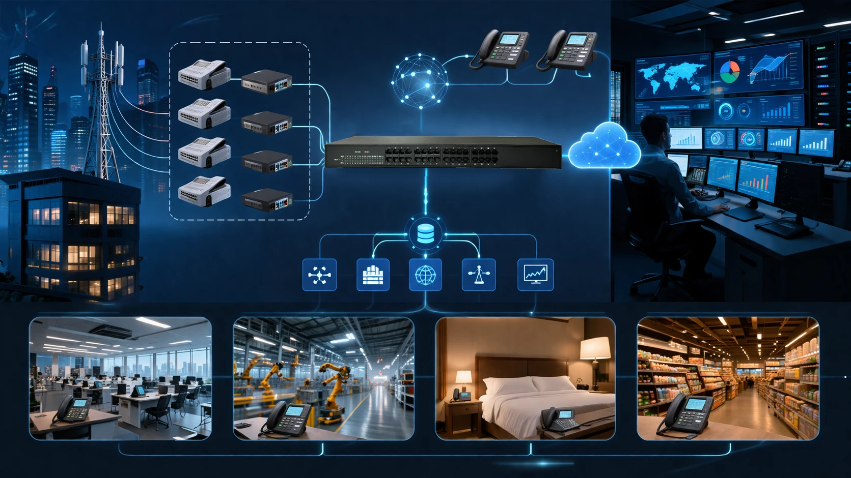 Gateway FXO montada em rack com várias portas analógicas, conectividade Ethernet e um painel de gestão para implantação de voz híbrida