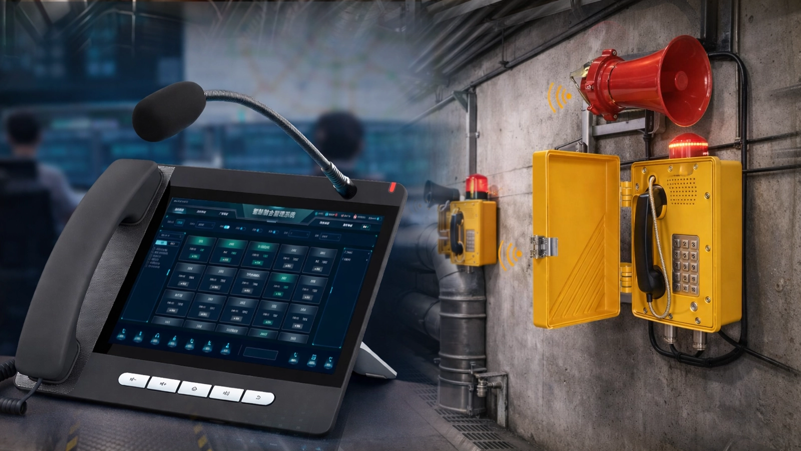 Visão geral do sistema PAGA em túnel de utilidades subterrâneo, mostrando chamadas do centro de controle, alto-falantes nos corredores, pontos de interfone de emergência e cobertura de alarme nas câmaras de cabos e tubulações