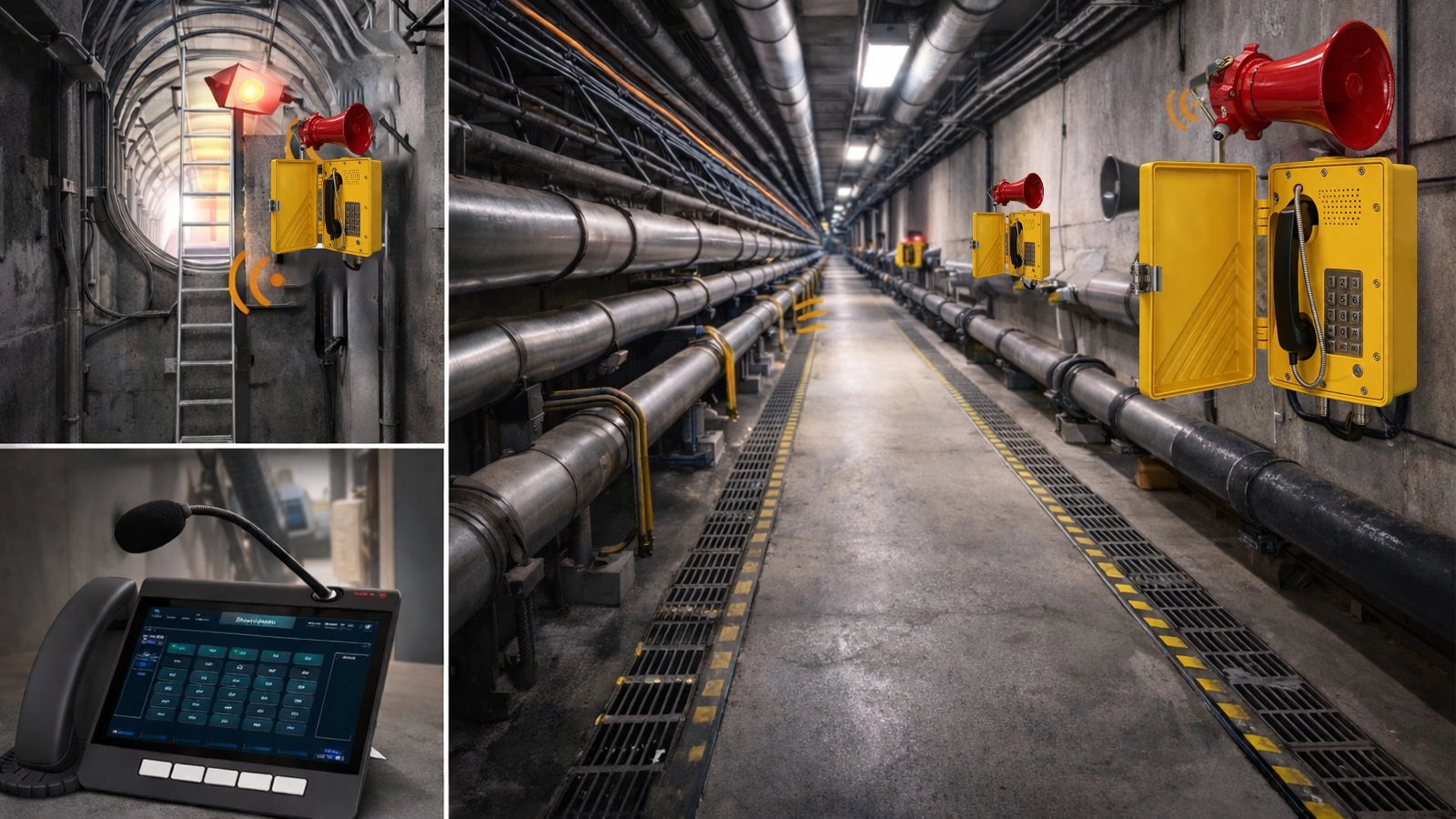 Interfone de emergência e transmissão zonal em túnel de utilidades subterrâneo, com comunicação no poço de acesso, alto-falantes no corredor e coordenação do centro de controle