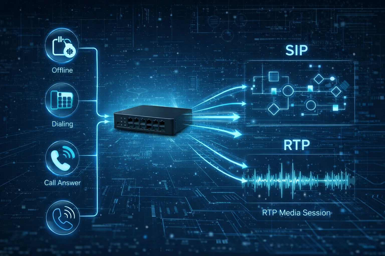 Diagrama de fluxo de chamada convertendo ações analógicas em SIP e RTP