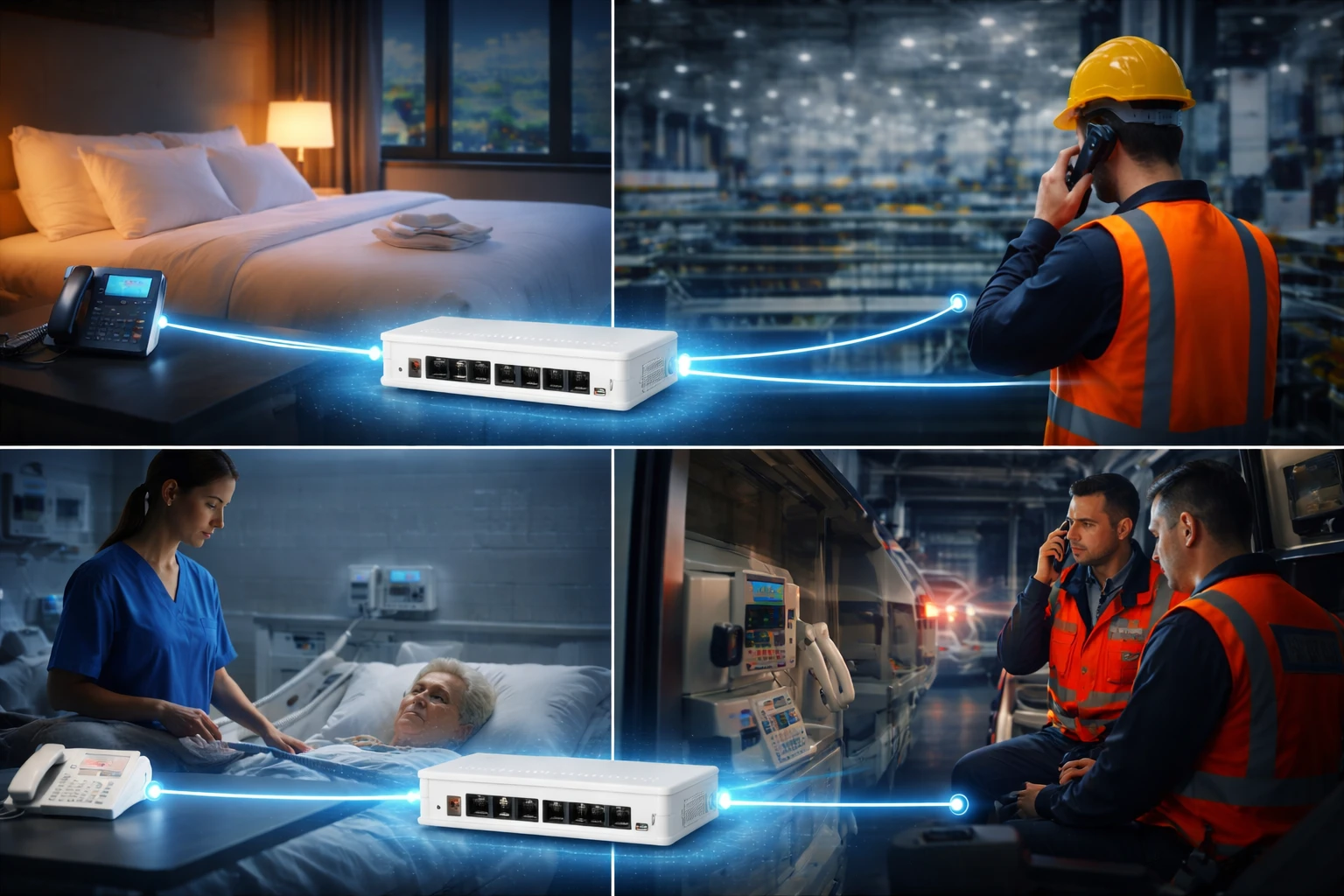 Telefone de emergência, fax, telefone de hotel e handset industrial conectados por FXS a uma plataforma SIP