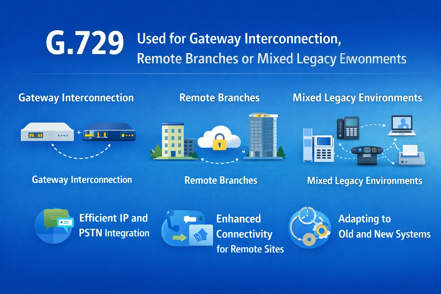 Codec G.729 usado em gateways SIP, sistemas PBX IP, controladores de borda de sessão e aplicações de voz em escritórios remotos em redes de comunicação empresariais