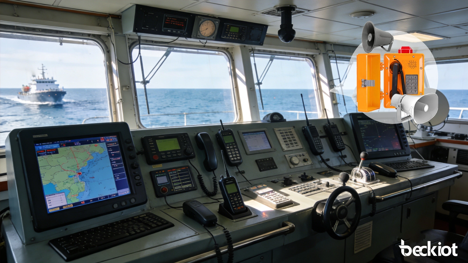 Visão geral do sistema PAGA em plataforma offshore mostrando paginagem na sala de controlo, altifalantes marítimos, telefones industriais e cobertura de alarme de emergência em múltiplas áreas operacionais