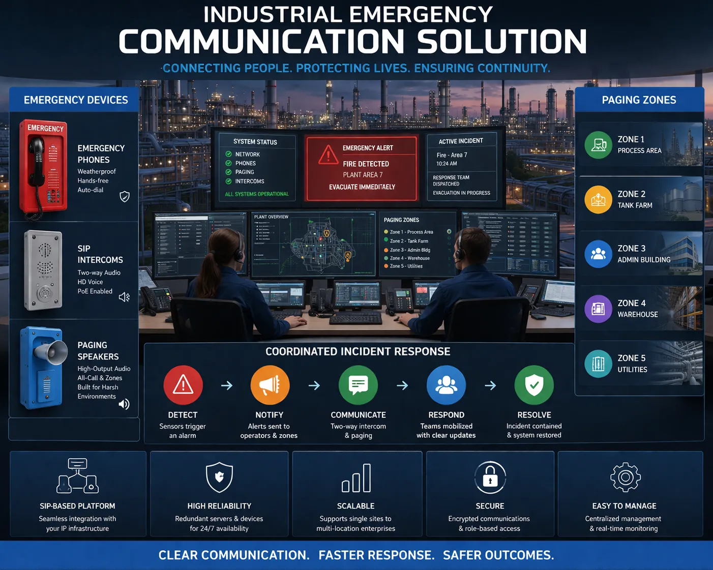 Rede integrada de comunicação de emergência ligando consolas de despacho, telefones de emergência, sistemas de rádio, zonas de paginação e equipas de resposta no terreno