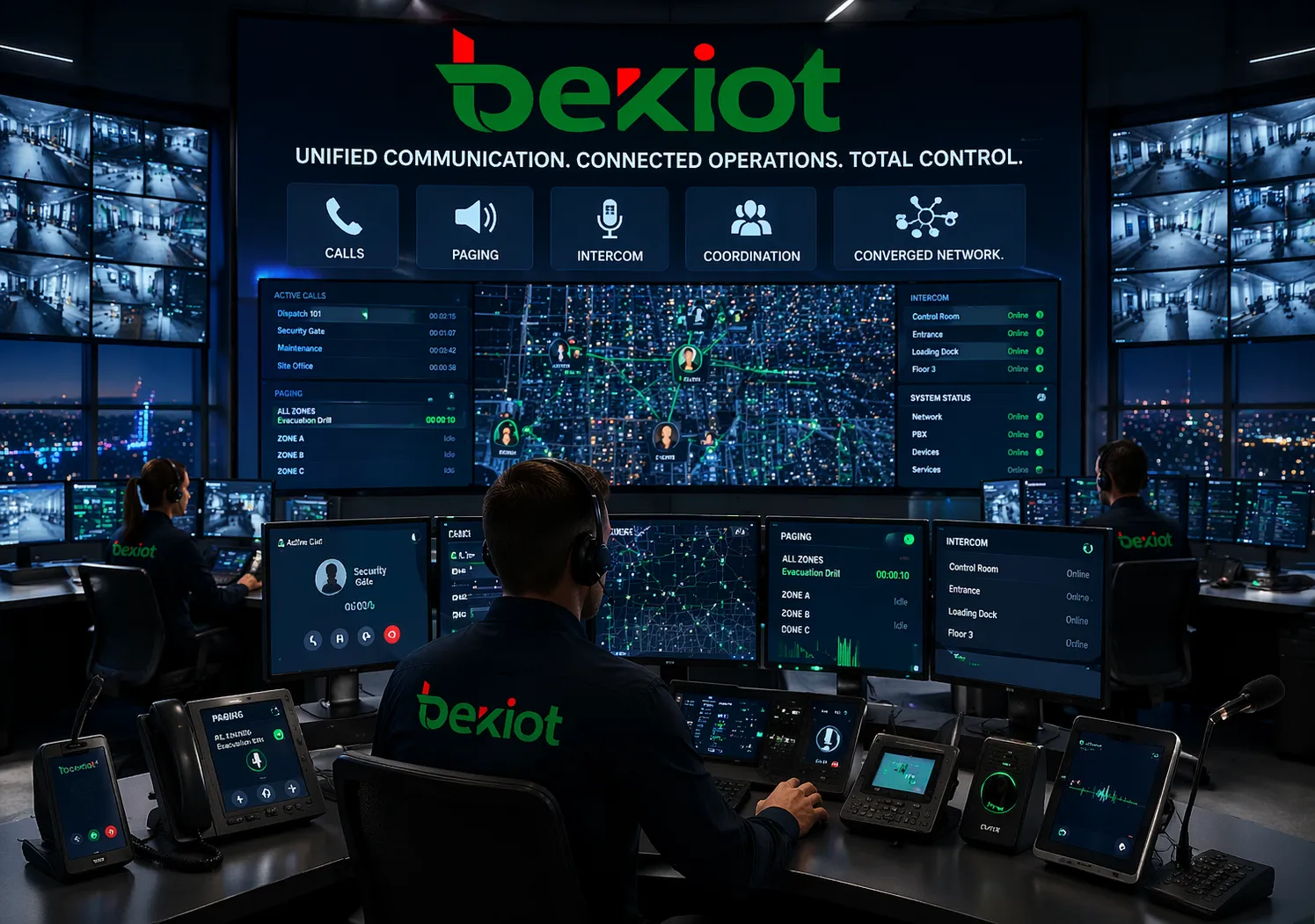 Sala de controlo de comunicação unificada utilizando uma rede convergente para chamadas, paginação, intercomunicador e coordenação operacional