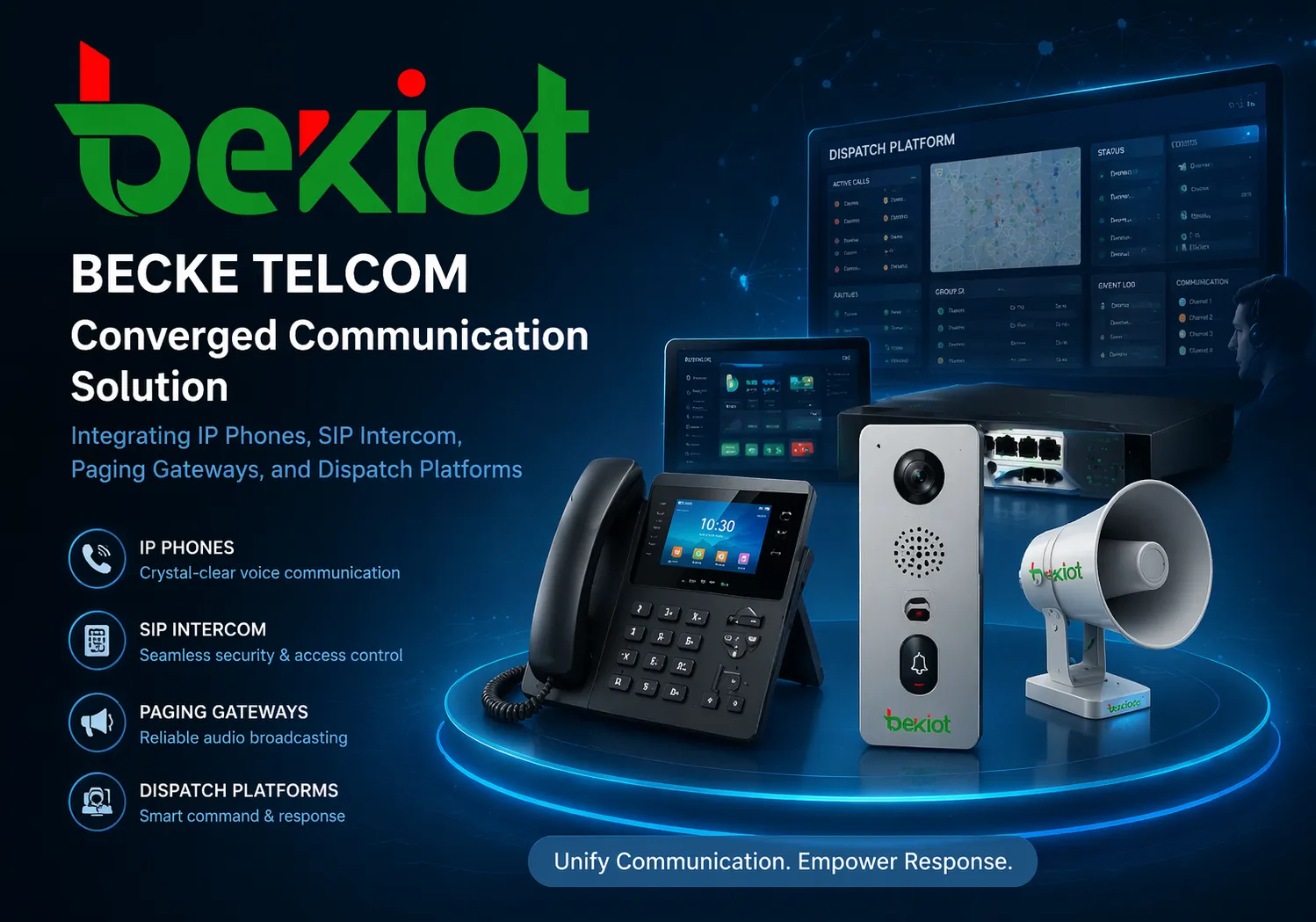 Solução de comunicação convergente da Becke Telcom integrando telefones IP, intercomunicador SIP, gateways de paginação e plataformas de despacho