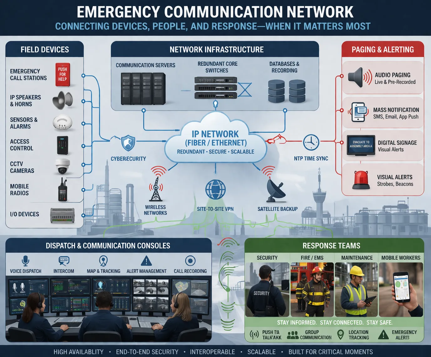 Rede de comunicação de emergência conectando dispositivos de campo, sistemas de chamada pública, consoles de despacho e equipes de resposta em grandes instalações