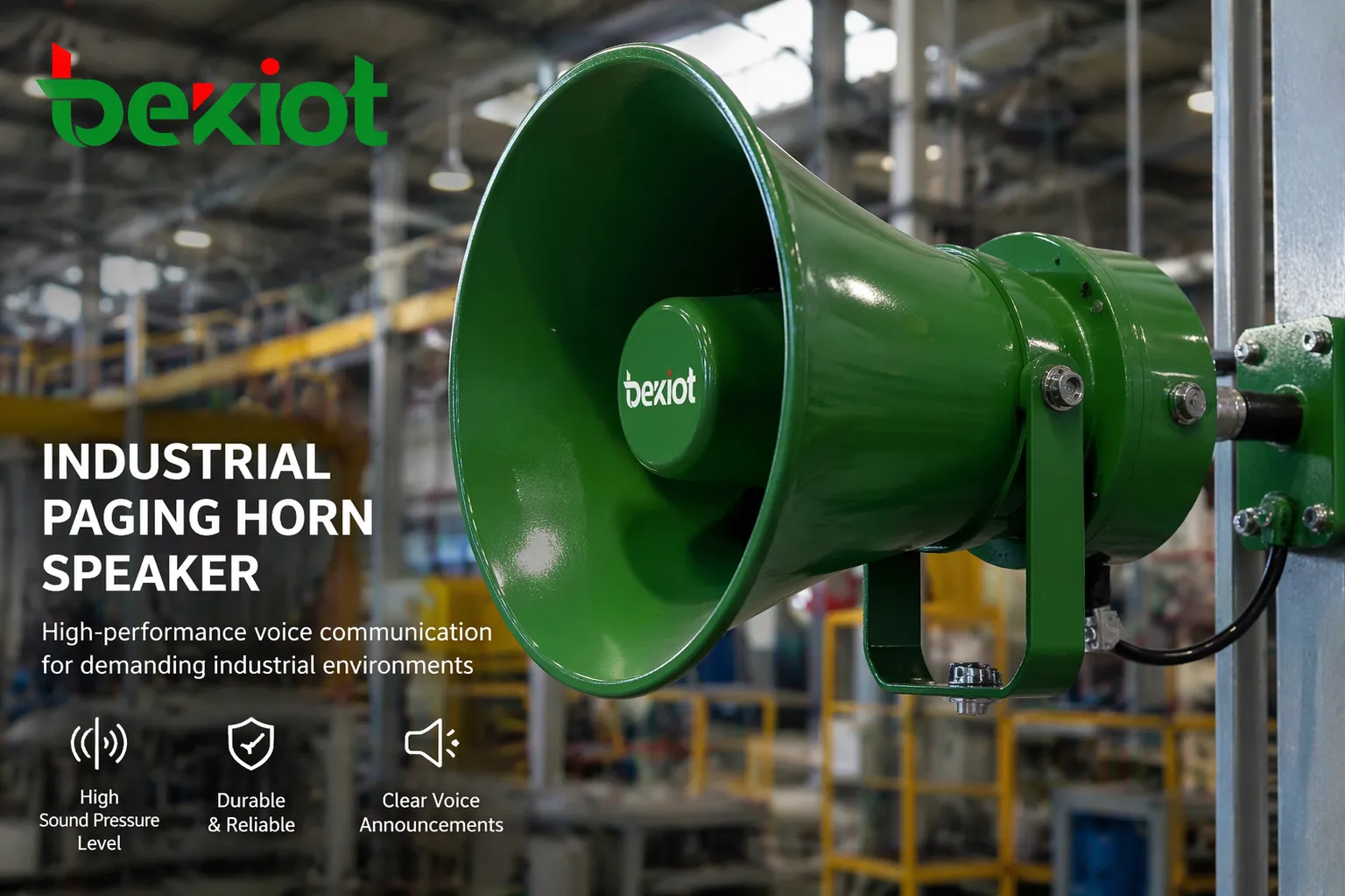 Alto-falante corneta industrial para ambientes de alto ruído em fábricas ou armazéns, destinado a anúncios de voz e alertas