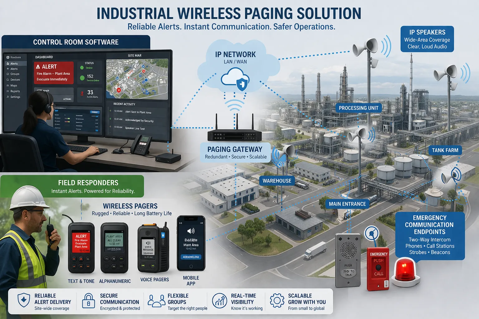 Solução de paginação sem fio industrial com software de sala de controle, equipes de resposta de campo, pagers sem fio, alto-falantes IP e terminais de comunicação de emergência em uma instalação ampla
