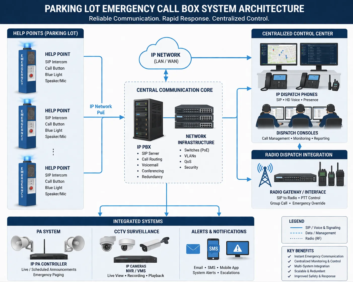 Arquitetura do sistema de botões de emergência para estacionamentos com pontos de ajuda, interfone SIP, telefones IP PBX, despacho por rádio, sistema de sonorização, CFTV e controle centralizado