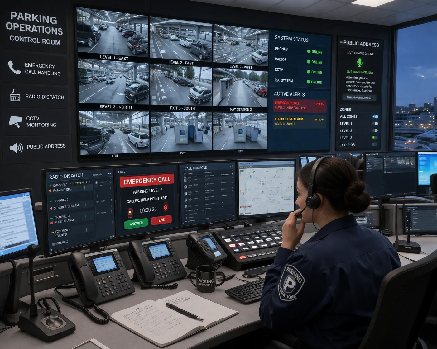 Central de controle de estacionamento com atendimento de chamadas de emergência, telefones IP PBX, despacho por rádio, CFTV e integração de sonorização pública