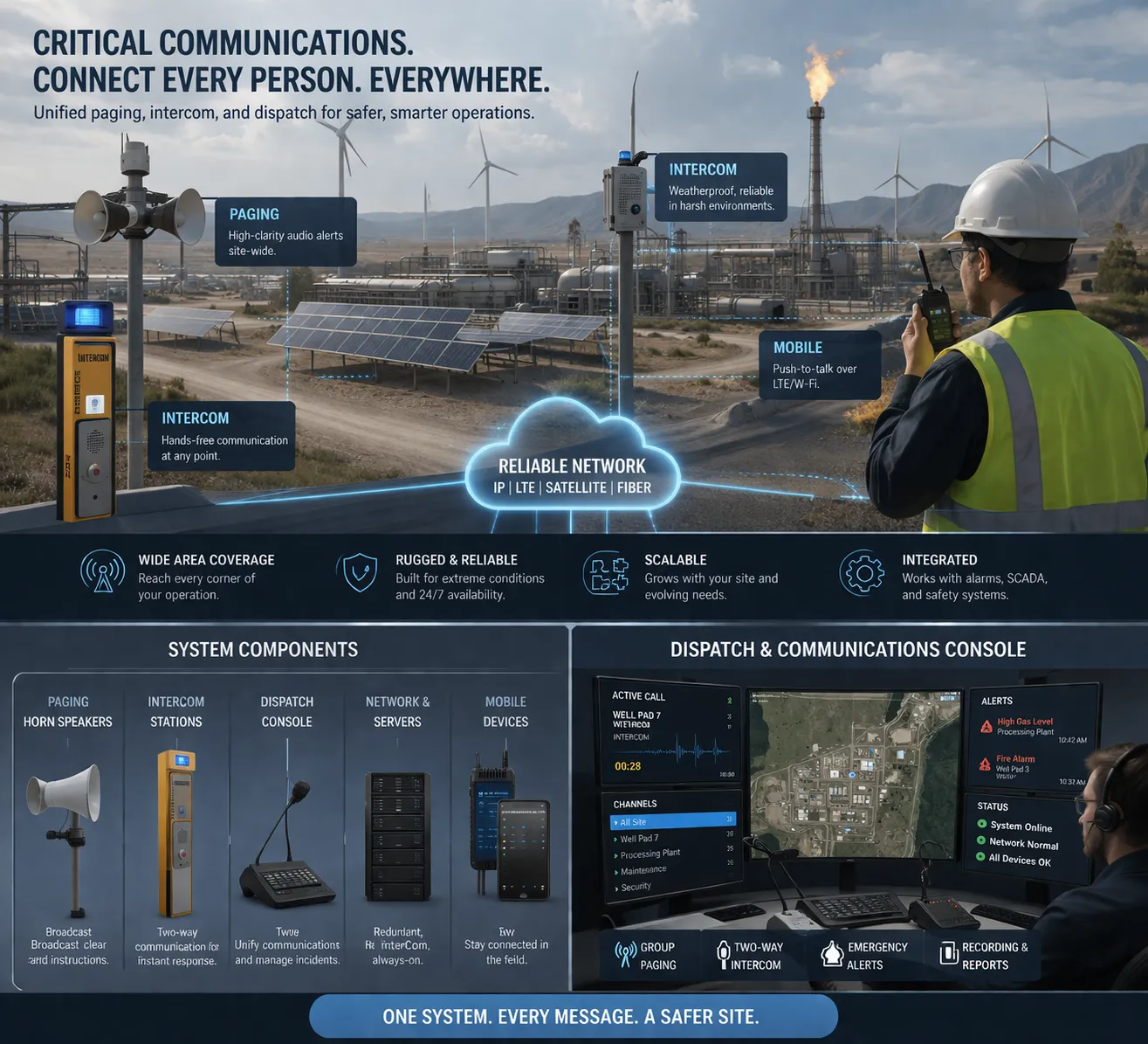 Industrial emergency communication solution with paging, intercom, and dispatch across a remote energy site