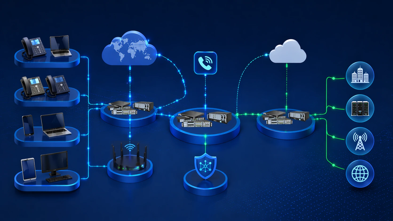 Arquitetura do sistema IP PBX empresarial conectando telefones de mesa, dispositivos móveis, notebooks, gateways de rede, telefonia em nuvem, segurança e terminais de comunicação corporativa
