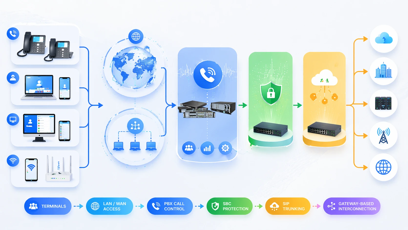 Fluxo de chamadas IP PBX mostrando controle de sinalização e transmissão de mídia de voz pela rede empresarial IP