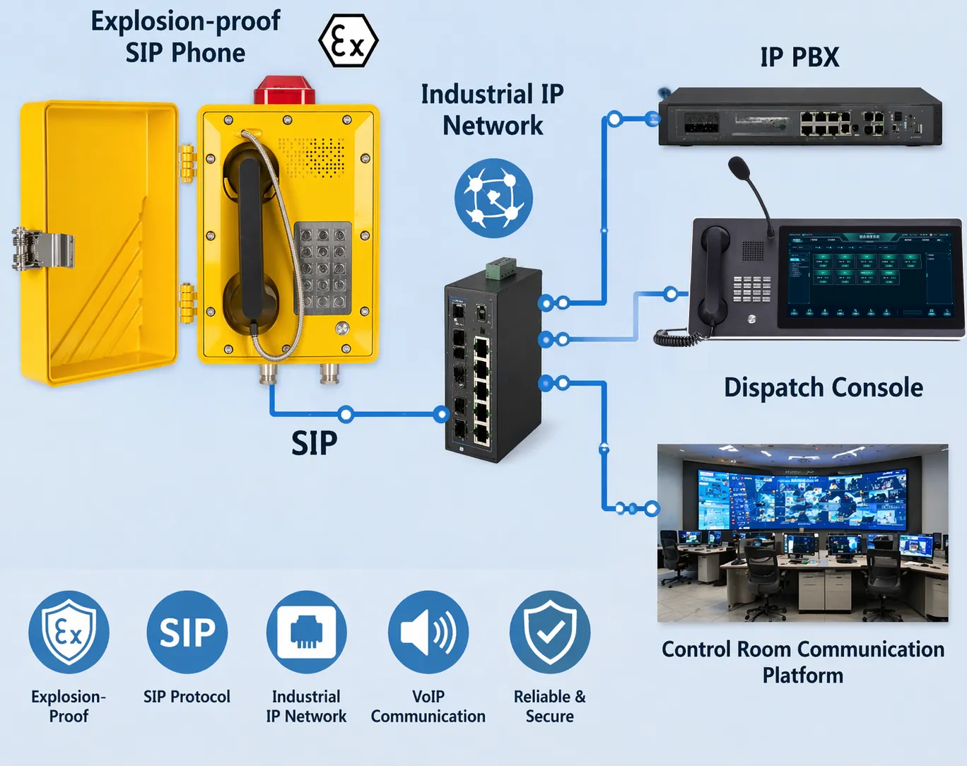 Telefone SIP antiexplosivo conectado por rede IP industrial a uma central IP PBX, console de despacho e plataforma de comunicação de sala de controle