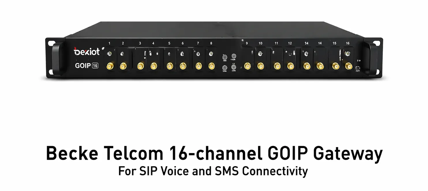 Gateway GOIP de 16 canais da Becke Telcom para conectividade de voz SIP e SMS
