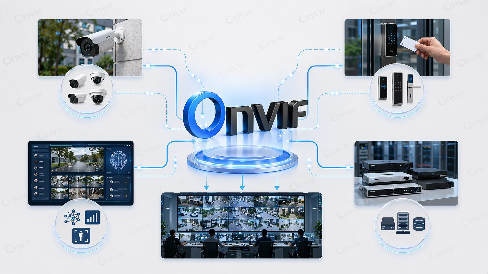 A integração ONVIF é amplamente utilizada para conectar vídeo, controle de acesso, análises e plataformas de monitoramento unificado em ambientes multi-fabricantes.