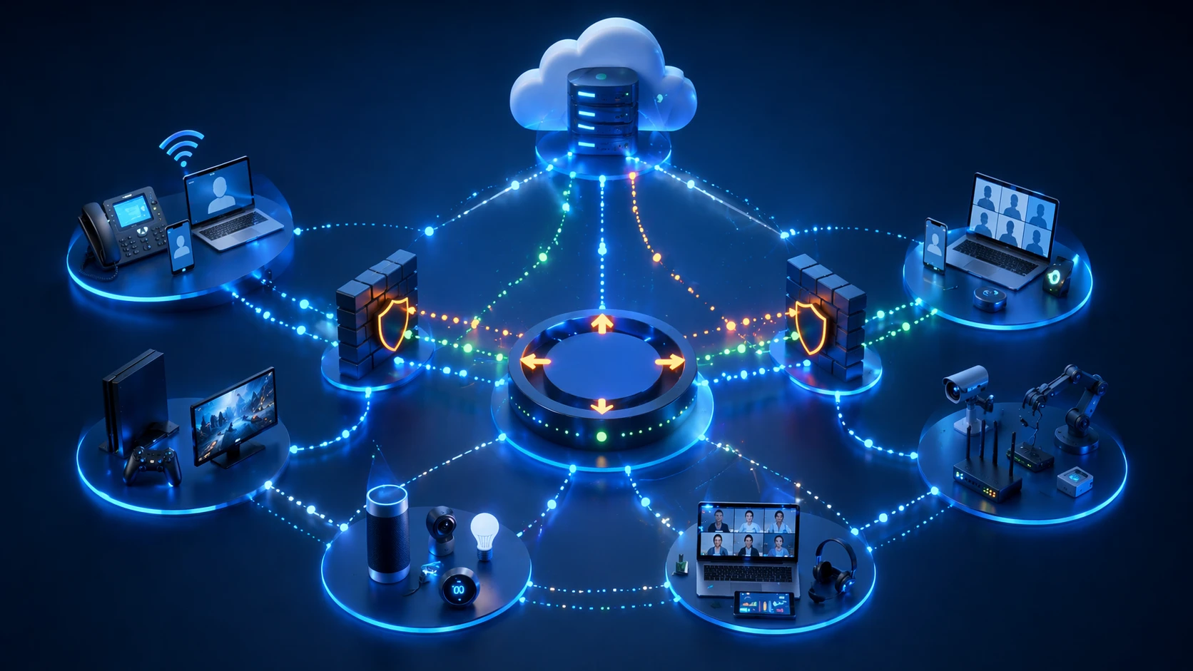 Ilustração mostrando a travessia NAT usada em VoIP, reuniões WebRTC, jogos online e comunicação com dispositivos de borda remotos Ilustração mostrando a travessia NAT usada em VoIP, reuniões WebRTC, jogos online e comunicação com dispositivos de borda remotos