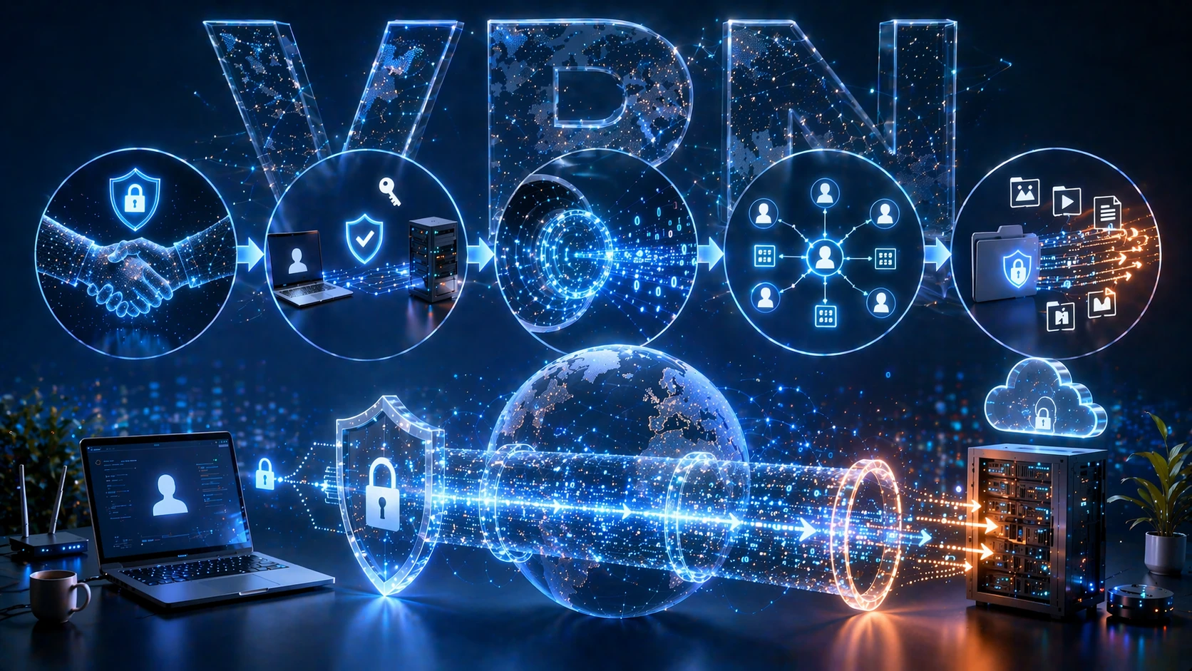 Ilustração das etapas de conexão do OpenVPN: handshake TLS, autenticação de pares, criação de túnel virtual, atribuição de endereços e roteamento de tráfego pela VPN