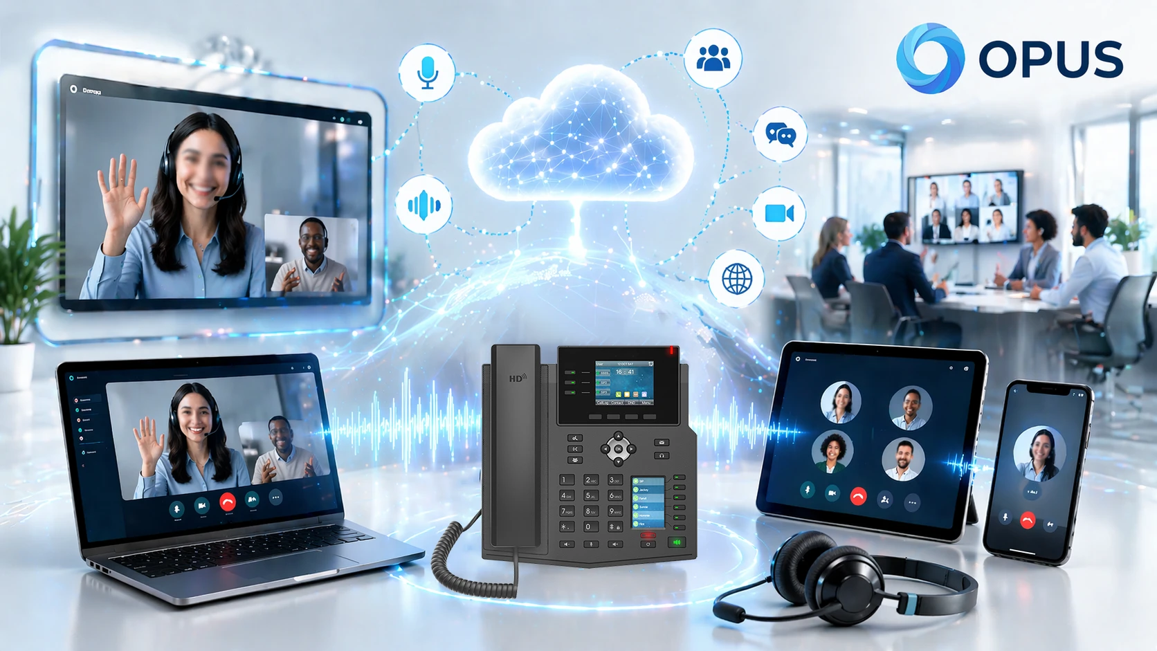 Cena de comparação mostrando comunicação de voz mais clara e qualidade de áudio de conferência mais rica quando o Opus é usado em um ambiente moderno de colaboração IP Cena de comparação mostrando comunicação de voz mais clara e qualidade de áudio de conferência mais rica quando o Opus é usado em um ambiente moderno de colaboração IP