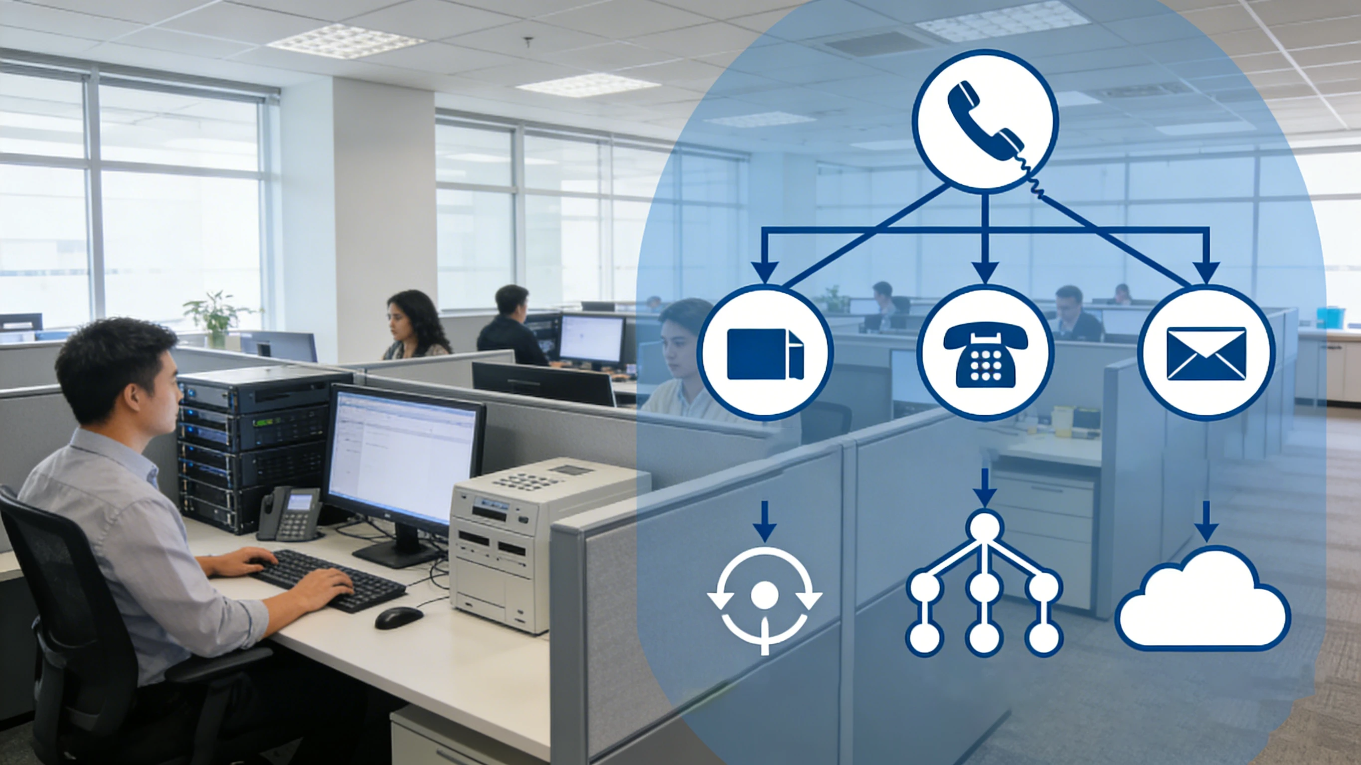 PBX empresarial roteando chamadas recebidas e enviadas por tronco SIP, gateway PSTN, atendente automático e ramais departamentais