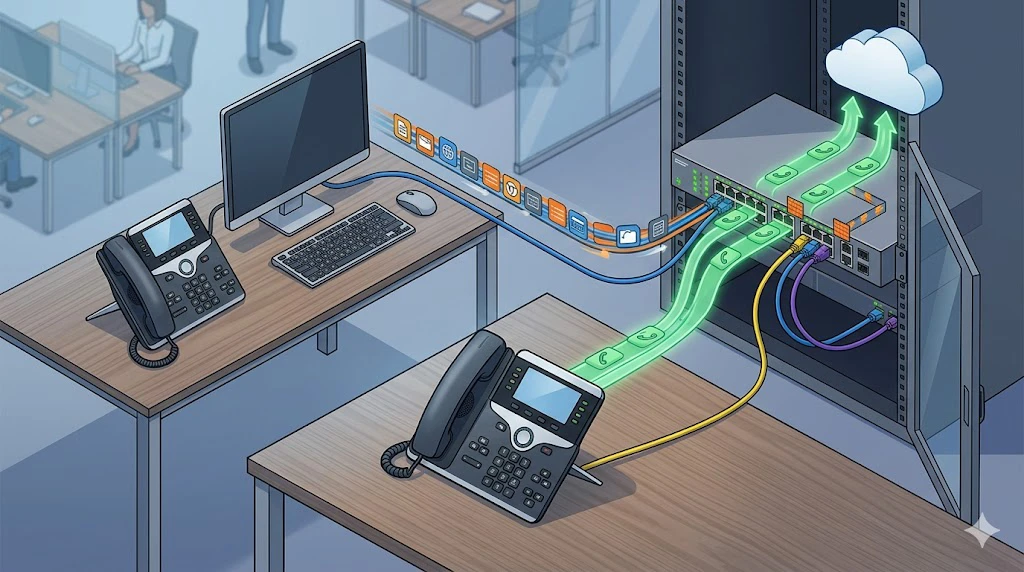 Porta de comutador corporativo com telefone IP e PC conectados, mostrando um limite de confiança onde o comutador confia nas marcações de voz do telefone, mas aplica um tratamento QoS diferenciado ao tráfego da estação de trabalho Porta de comutador corporativo com telefone IP e PC conectados, mostrando um limite de confiança onde o comutador confia nas marcações de voz do telefone, mas aplica um tratamento QoS diferenciado ao tráfego da estação de trabalho