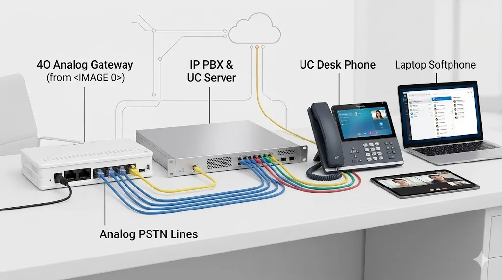Gateway analógico 4O conectado a IP PBX e plataforma de comunicações unificadas